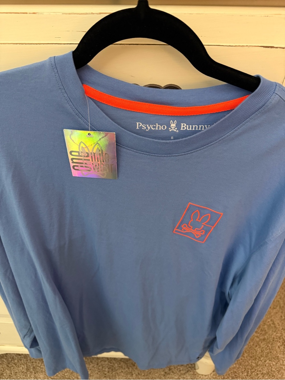 Psycho Bunny Dusty Blue Long Sleeve Tee with Orange Accent